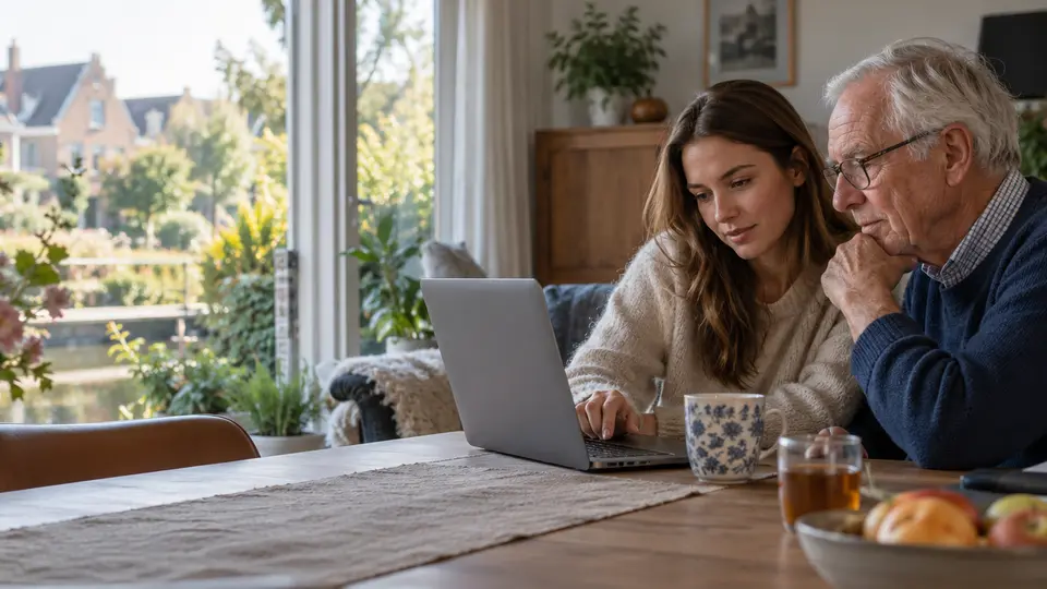 Een ouder echtpaar zoekt samen informatie op een laptop